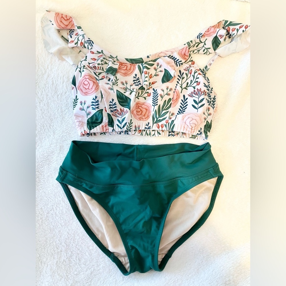 Lime Ricki Ruffle Floral Bralette and Green Bottoms Size Small